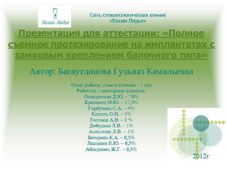 Сеть стоматологических клиник «Белая Ладья» Презентация для аттестации: «Полное съемное протезирование на имплантатах с