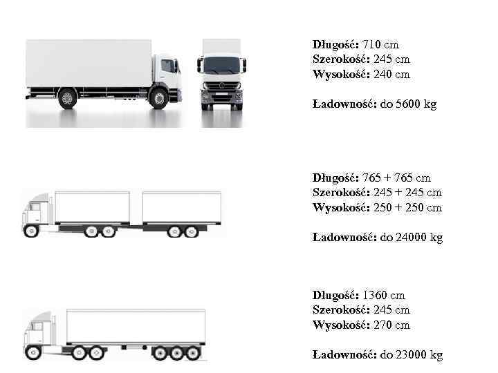 Długość: 710 cm Szerokość: 245 cm Wysokość: 240 cm Ładowność: do 5600 kg Długość: