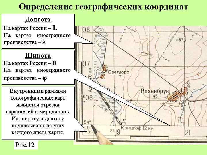 Определение географических координат Долгота На картах России – L На картах иностранного производства –