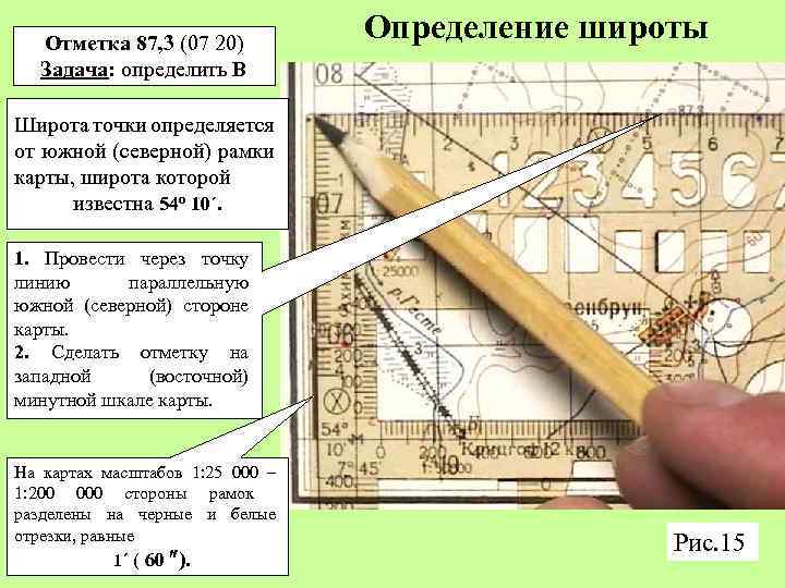 Отметка 87, 3 (07 20) Задача: определить В Определение широты Широта точки определяется от