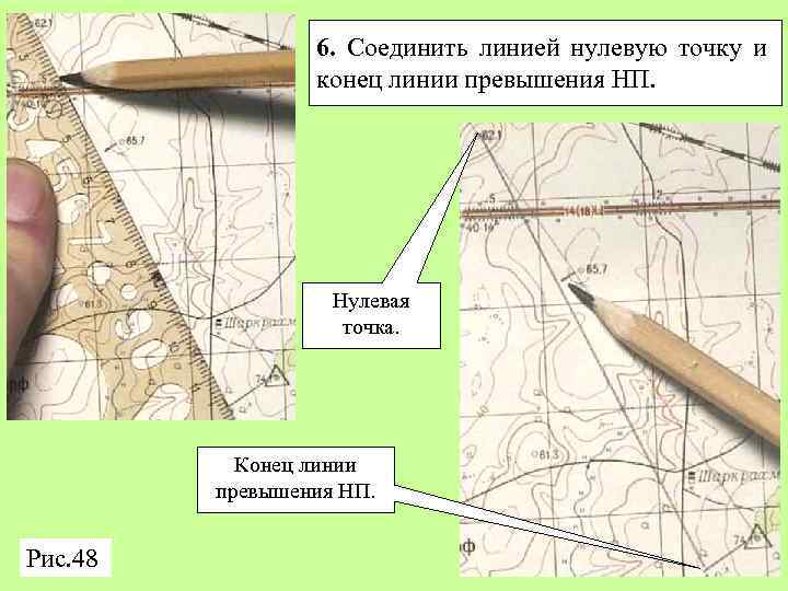 6. Соединить линией нулевую точку и конец линии превышения НП. Нулевая точка. Конец линии