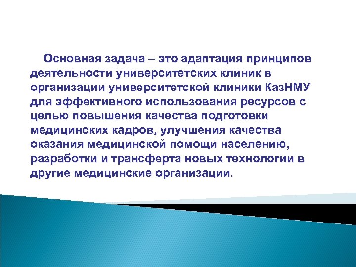 Основная задача – это адаптация принципов деятельности университетских клиник в организации университетской клиники Каз.