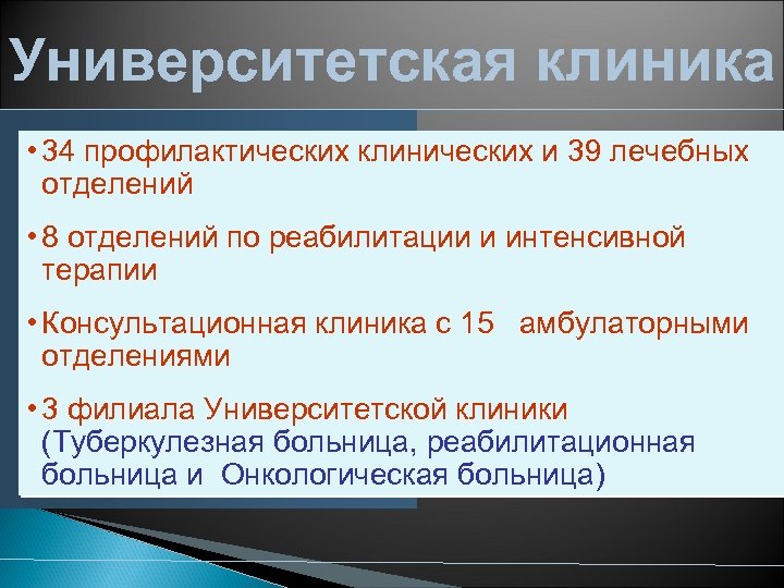 Университетская клиника • 34 профилактических клинических и 39 лечебных отделений • 8 отделений по