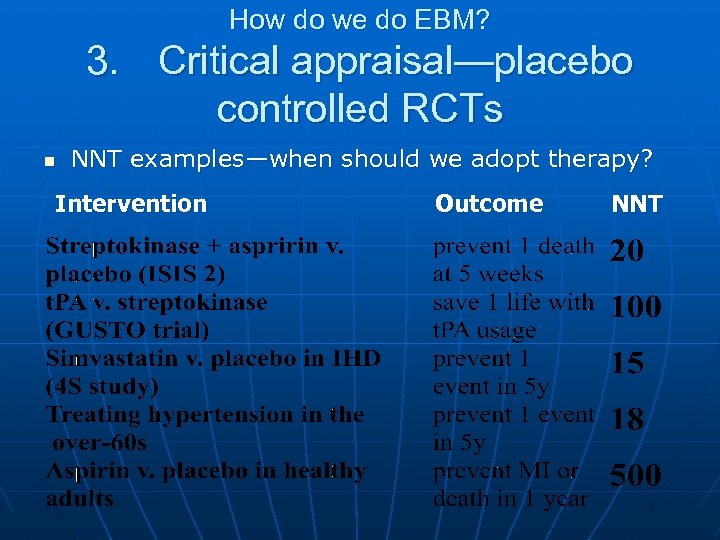 How do we do EBM? 3. Critical appraisal—placebo controlled RCTs n NNT examples—when should