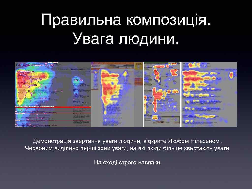 Правильна композиція. Увага людини. Демонстрація звертання уваги людини, відкрите Якобом Нільсеном, . Червоним виділено