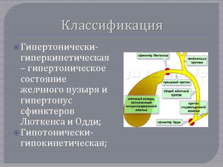 Классификация Гипертонически- гиперкинетическая – гипертоническое состояние желчного пузыря и гипертонус сфинктеров Люткенса и Одди;