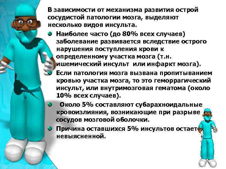 В зависимости от механизма развития острой сосудистой патологии мозга, выделяют несколько видов инсульта. Наиболее