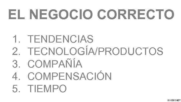 EL NEGOCIO CORRECTO 1. 2. 3. 4. 5. TENDENCIAS TECNOLOGÍA/PRODUCTOS COMPAÑÍA COMPENSACIÓN TIEMPO 01