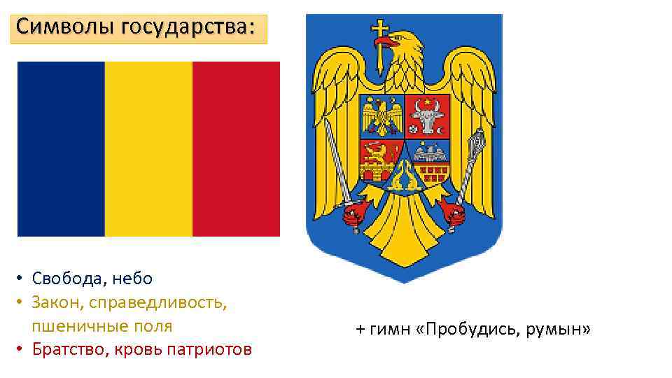 Символы государства: • Свобода, небо • Закон, справедливость, пшеничные поля • Братство, кровь патриотов