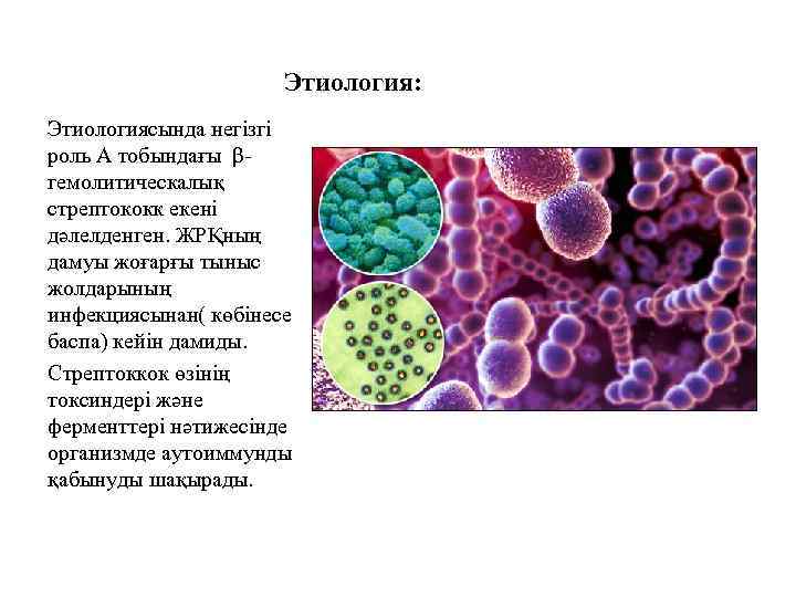 Этиология: Этиологиясында негізгі роль А тобындағы βгемолитическалық стрептококк екені дәлелденген. ЖРҚның дамуы жоғарғы тыныс