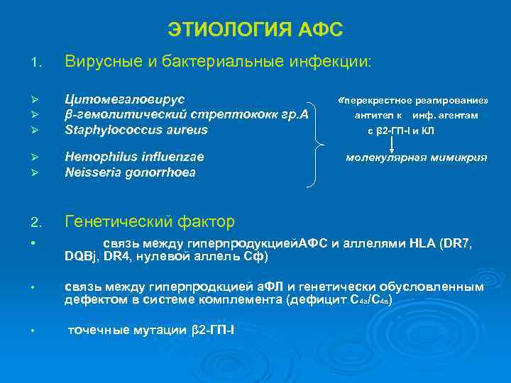 ЭТИОЛОГИЯ АФС 1. Вирусные и бактериальные инфекции: Ø Ø Ø Цитомегаловирус β-гемолитический стрептококк гр.
