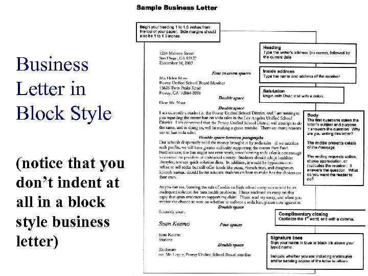 Business Letter in Block Style (notice that you don’t indent at all in a