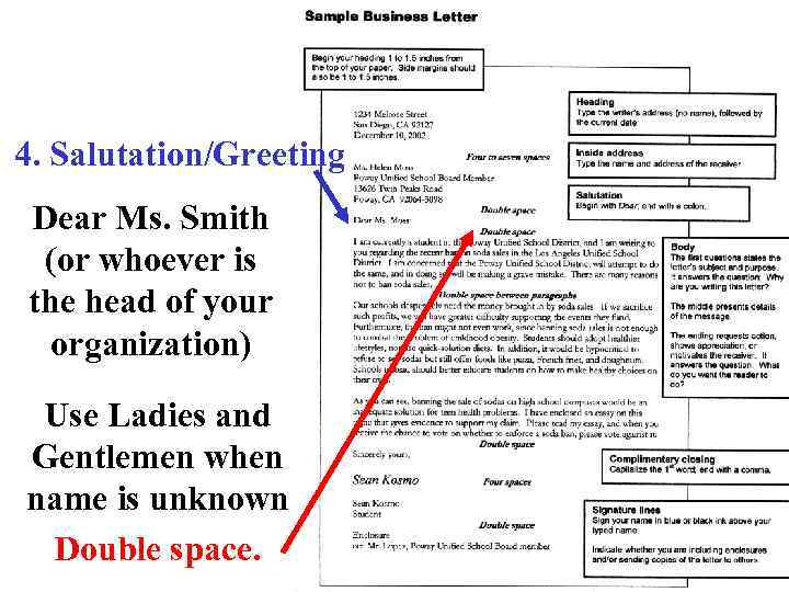 4. Salutation/Greeting Dear Ms. Smith (or whoever is the head of your organization) Use