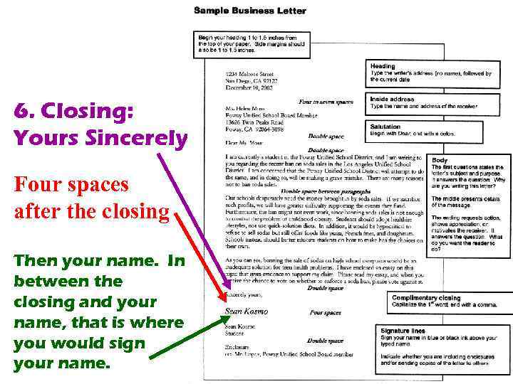 6. Closing: Yours Sincerely Four spaces after the closing Then your name. In between