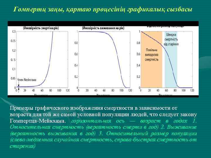 Гомпертц заңы, қартаю процесінің графикалық сызбасы Примеры графического изображения смертности в зависимости от возраста
