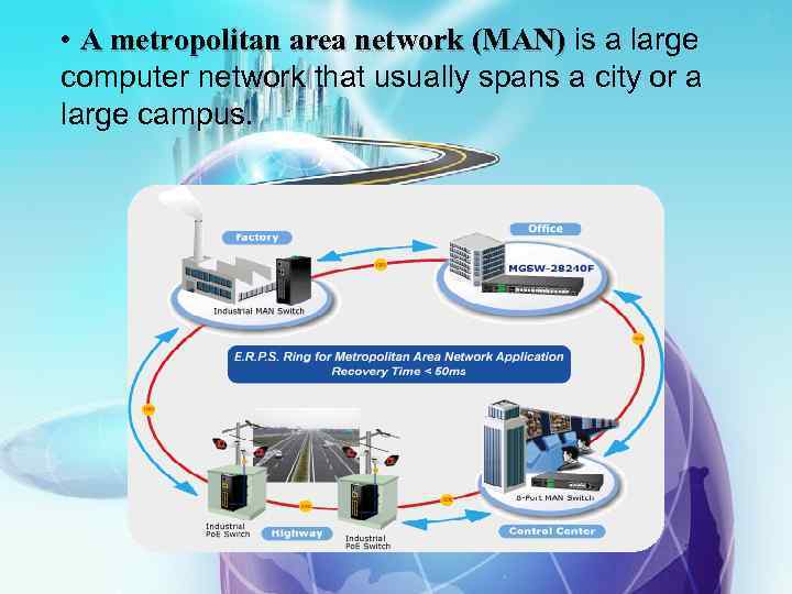  • A metropolitan area network (MAN) is a large computer network that usually