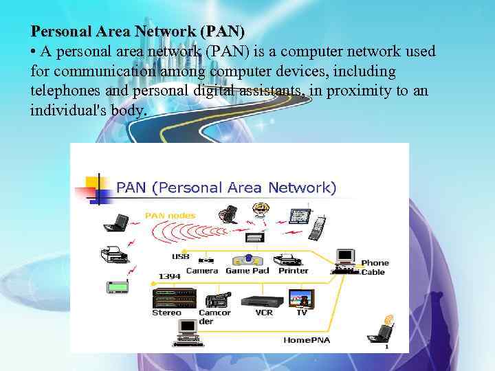 Personal Area Network (PAN) • A personal area network (PAN) is a computer network