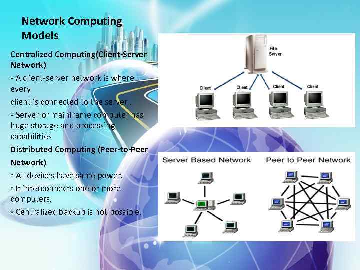 Network Computing Models Centralized Computing(Client-Server Network) ◦ A client-server network is where every client