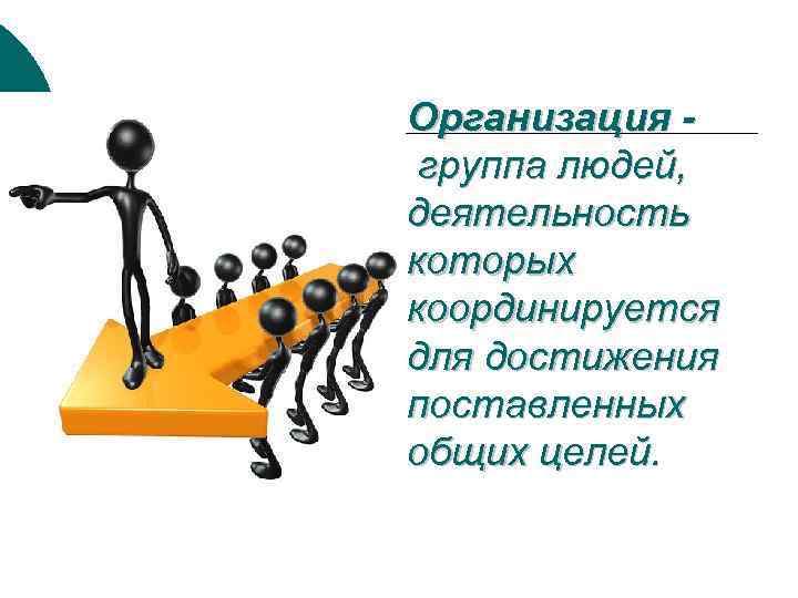 Организация группа людей, деятельность которых координируется для достижения поставленных общих целей. 