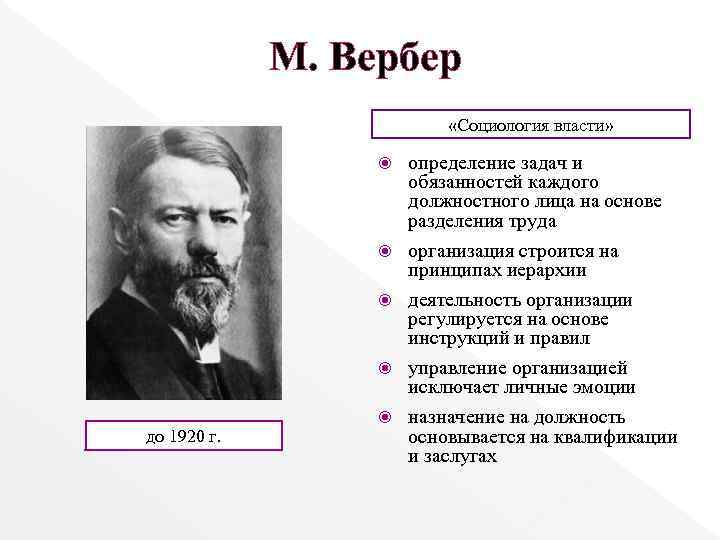 М. Вербер «Социология власти» организация строится на принципах иерархии деятельность организации регулируется на основе