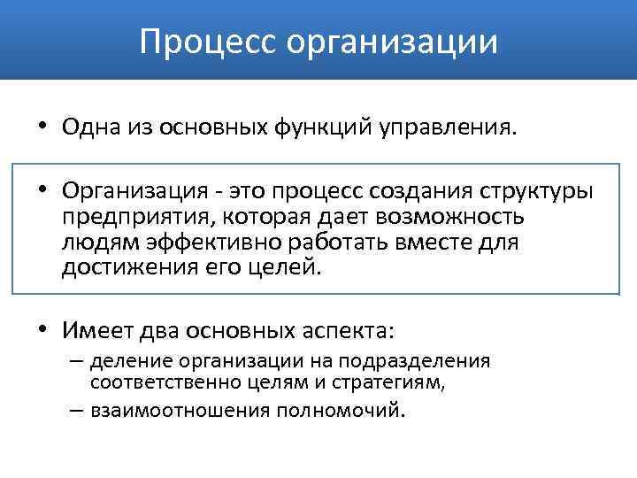 Процесс организации • Одна из основных функций управления. • Организация - это процесс создания