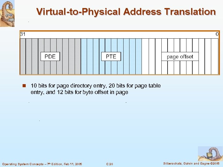 Virtual-to-Physical Address Translation n 10 bits for page directory entry, 20 bits for page