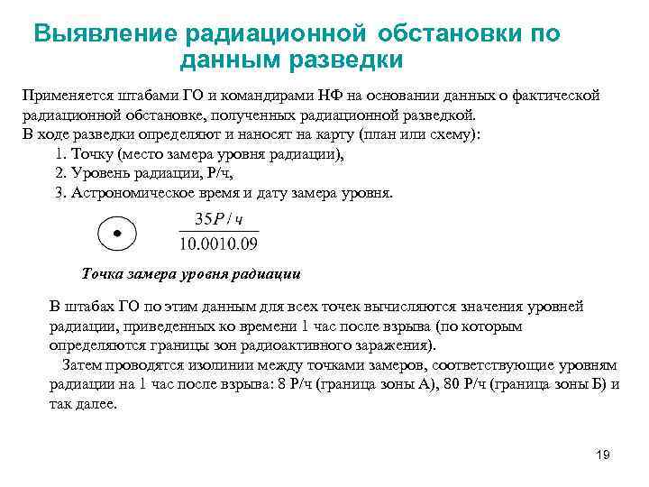 Выявление радиационной обстановки по данным разведки Применяется штабами ГО и командирами НФ на основании