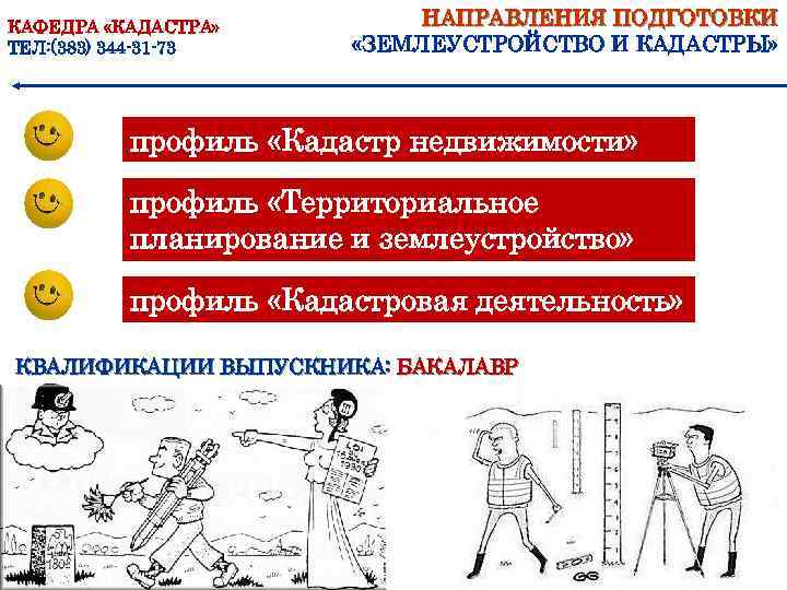 КАФЕДРА «КАДАСТРА» ТЕЛ: (383) 344 -31 -73 НАПРАВЛЕНИЯ ПОДГОТОВКИ «ЗЕМЛЕУСТРОЙСТВО И КАДАСТРЫ» профиль «Кадастр