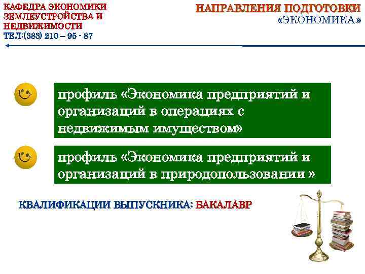 КАФЕДРА ЭКОНОМИКИ ЗЕМЛЕУСТРОЙСТВА И НЕДВИЖИМОСТИ ТЕЛ: (383) 210 – 95 - 87 НАПРАВЛЕНИЯ ПОДГОТОВКИ