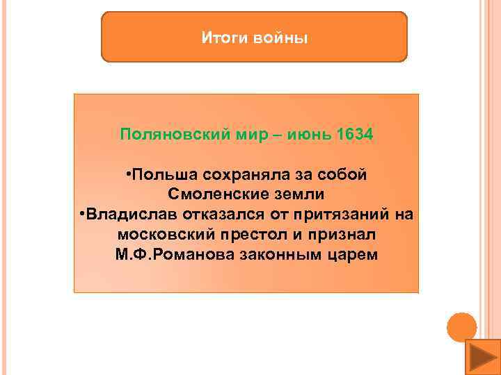 Итоги войны Поляновский мир – июнь 1634 • Польша сохраняла за собой Смоленские земли