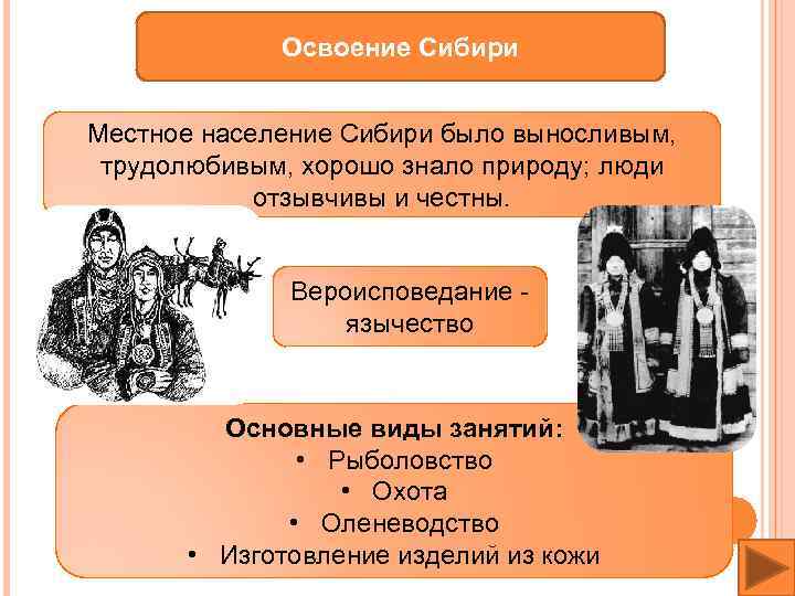 Освоение Сибири Местное население Сибири было выносливым, трудолюбивым, хорошо знало природу; люди отзывчивы и