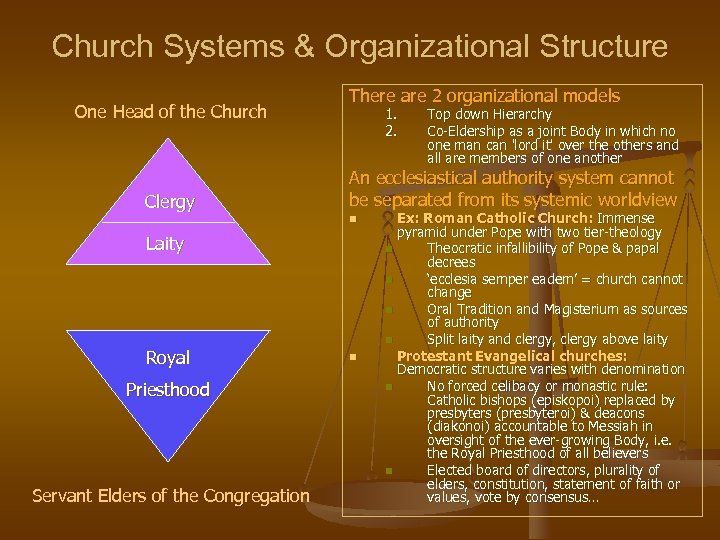 Church Systems & Organizational Structure One Head of the Church Clergy There are 2