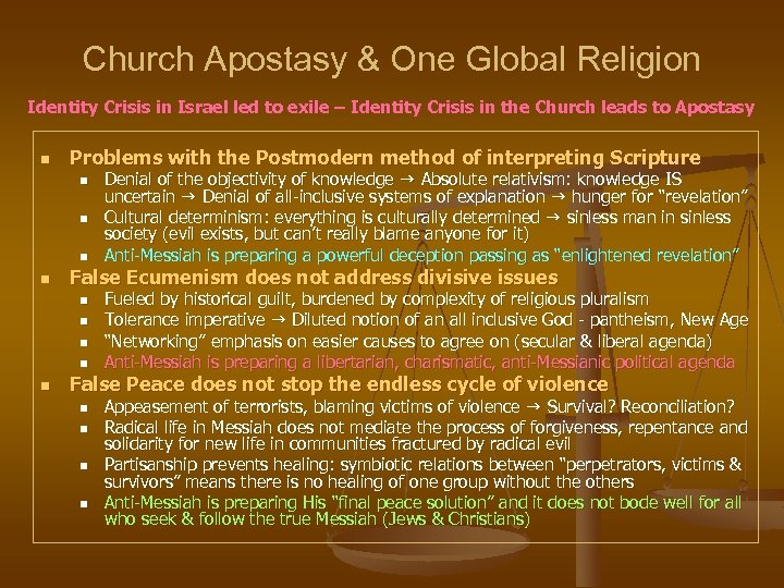 Church Apostasy & One Global Religion Identity Crisis in Israel led to exile –