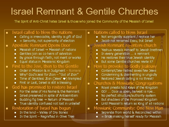 Israel Remnant & Gentile Churches The Spirit of Anti-Christ hates Israel & those who