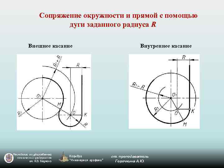 Построение дуги окружности. Внутреннее сопряжение прямой линии с дугой. Сопряжение двух дуг дугой заданного радиуса. Сопряжение окружностей с внешним касанием. Сопряжение прямой и окружности.