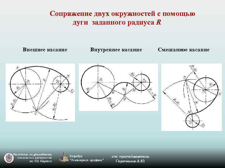 Внутреннее и внешнее сопряжение 2 окружностей. Сопряжение двух окружностей дугой заданного радиуса. Смешанное сопряжение двух окружностей. Сопряжение 2 окружностей внутреннего сопряжения.