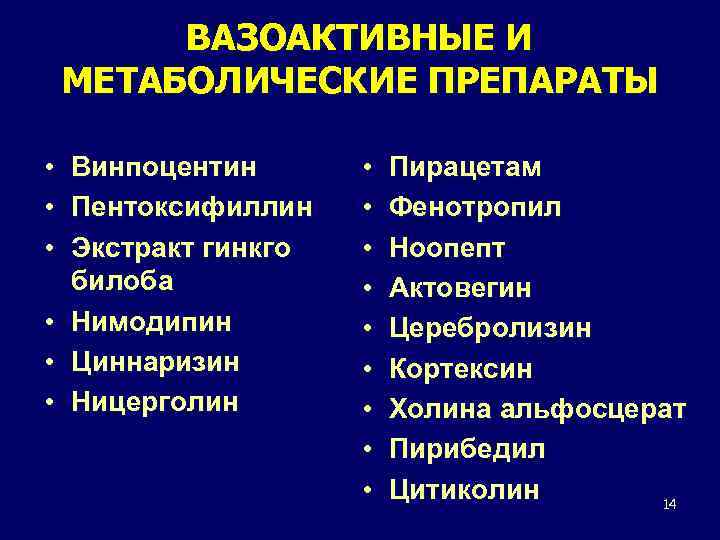 ВАЗОАКТИВНЫЕ И МЕТАБОЛИЧЕСКИЕ ПРЕПАРАТЫ • Винпоцентин • Пентоксифиллин • Экстракт гинкго билоба • Нимодипин