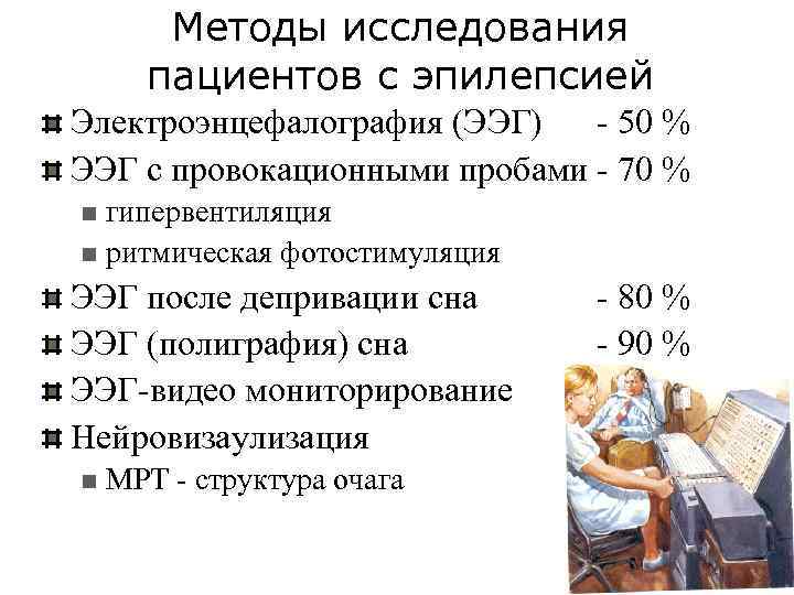 Методы исследования пациентов с эпилепсией Электроэнцефалография (ЭЭГ) - 50 % ЭЭГ с провокационными пробами