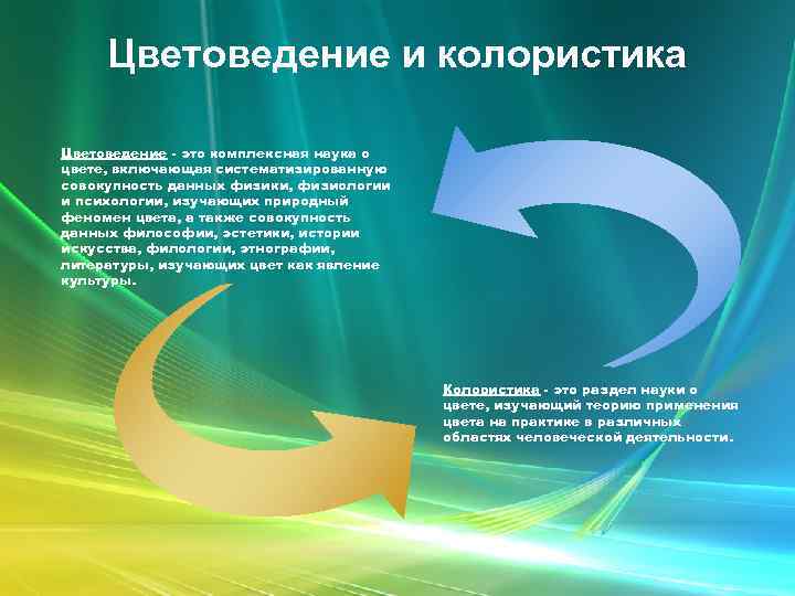 Цветоведение и колористика Цветоведение - это комплексная наука о цвете, включающая систематизированную совокупность данных