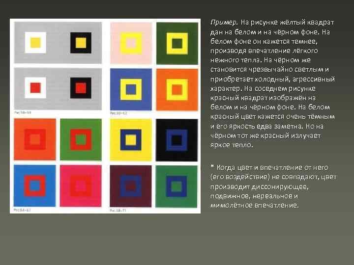 n Пример. На рисунке жёлтый квадрат дан на белом и на чёрном фоне. На