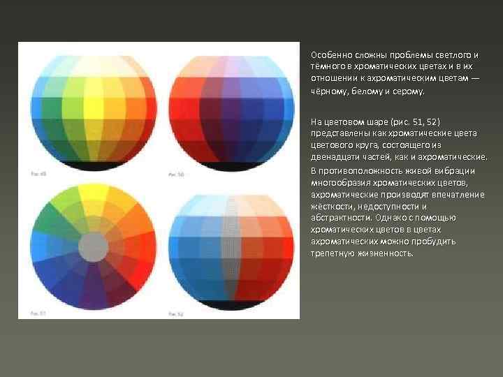 Особенно сложны проблемы светлого и тёмного в хроматических цветах и в их отношении к