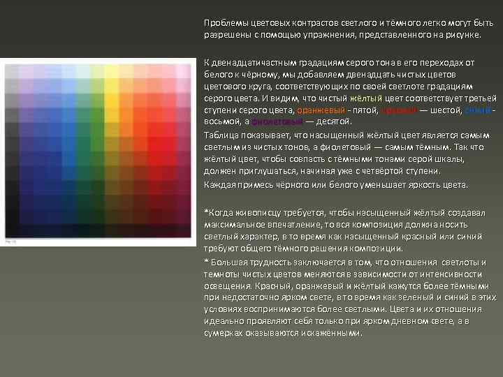 Проблемы цветовых контрастов светлого и тёмного легко могут быть разрешены с помощью упражнения, представленного