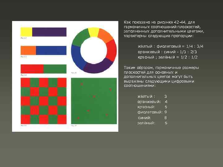 Как показано на рисунке 42 -44, для гармоничных соотношений плоскостей, заполненных дополнительными цветами, характерны