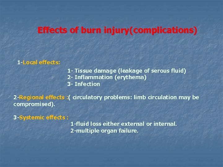  Effects of burn injury(complications) 1 -Local effects: 1 - Tissue damage (leakage of