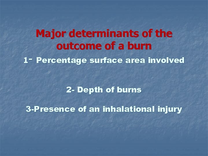 Major determinants of the outcome of a burn 1 - Percentage surface area involved