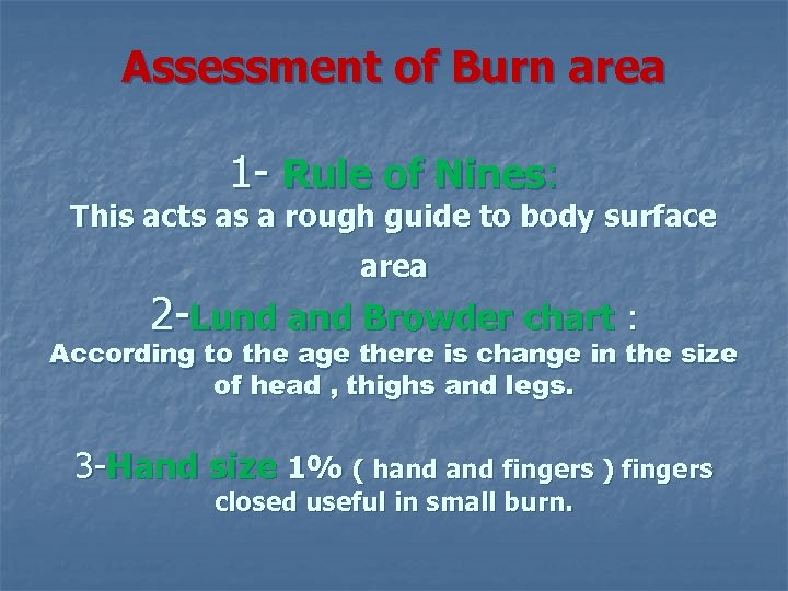 Assessment of Burn area 1 - Rule of Nines: This acts as a rough