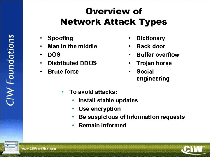 Overview of Network Attack Types • • • Spoofing Man in the middle DOS