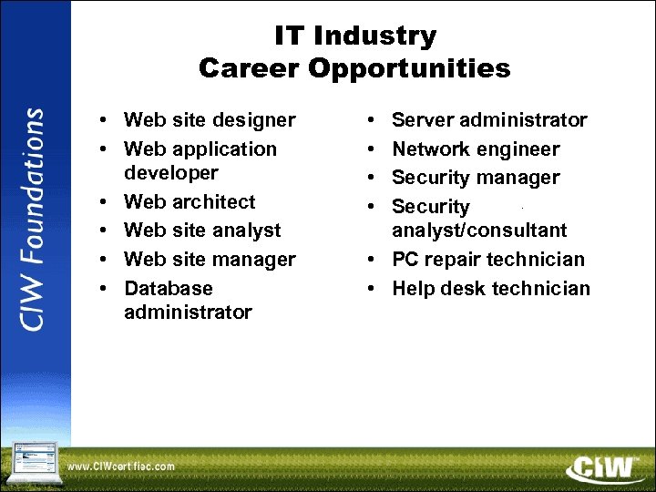 IT Industry Career Opportunities • Web site designer • Web application developer • Web