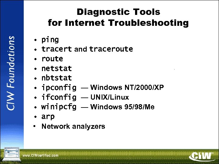 Diagnostic Tools for Internet Troubleshooting • • • ping tracert and traceroute netstat nbtstat