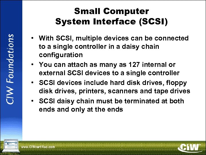Small Computer System Interface (SCSI) • With SCSI, multiple devices can be connected to